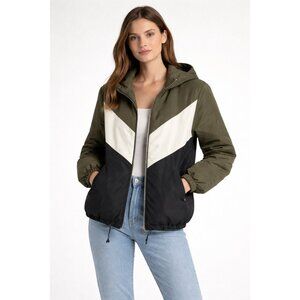 Love Tree Colorblock Hooded Puffer Jacket Green Black Cream Zip Size L